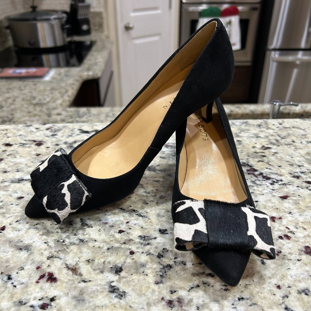Talbots Black Suede Kitten Heel Pump With Ponyhair Cow Print Bow Size 6.5M